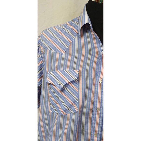 Plains Western Wear Mens Large Blue Red Stripe Pearl Snap Short Sleeve Shirt - Picture 2 of 11